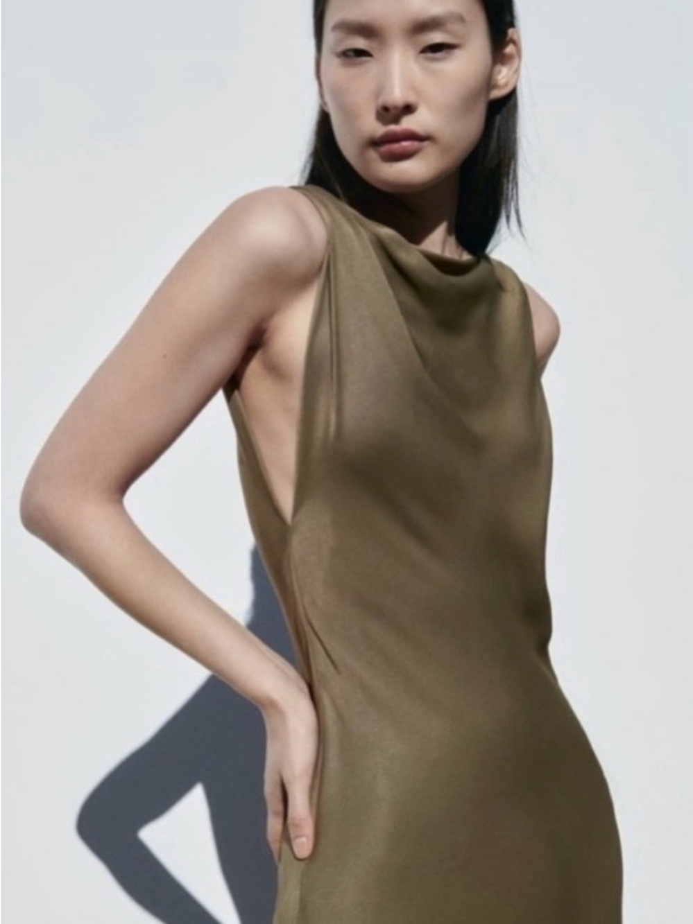 Zara Olive Green Khaki Satin Midi Dress
